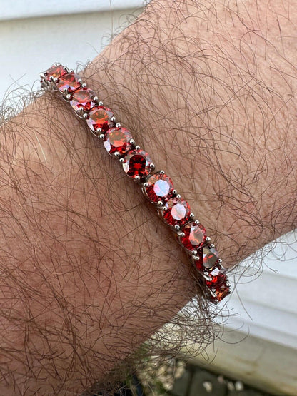 Real Iced Ruby Red MOISSANITE 5mm Tennis Bracelet 925 Silver Pass Diamond Test