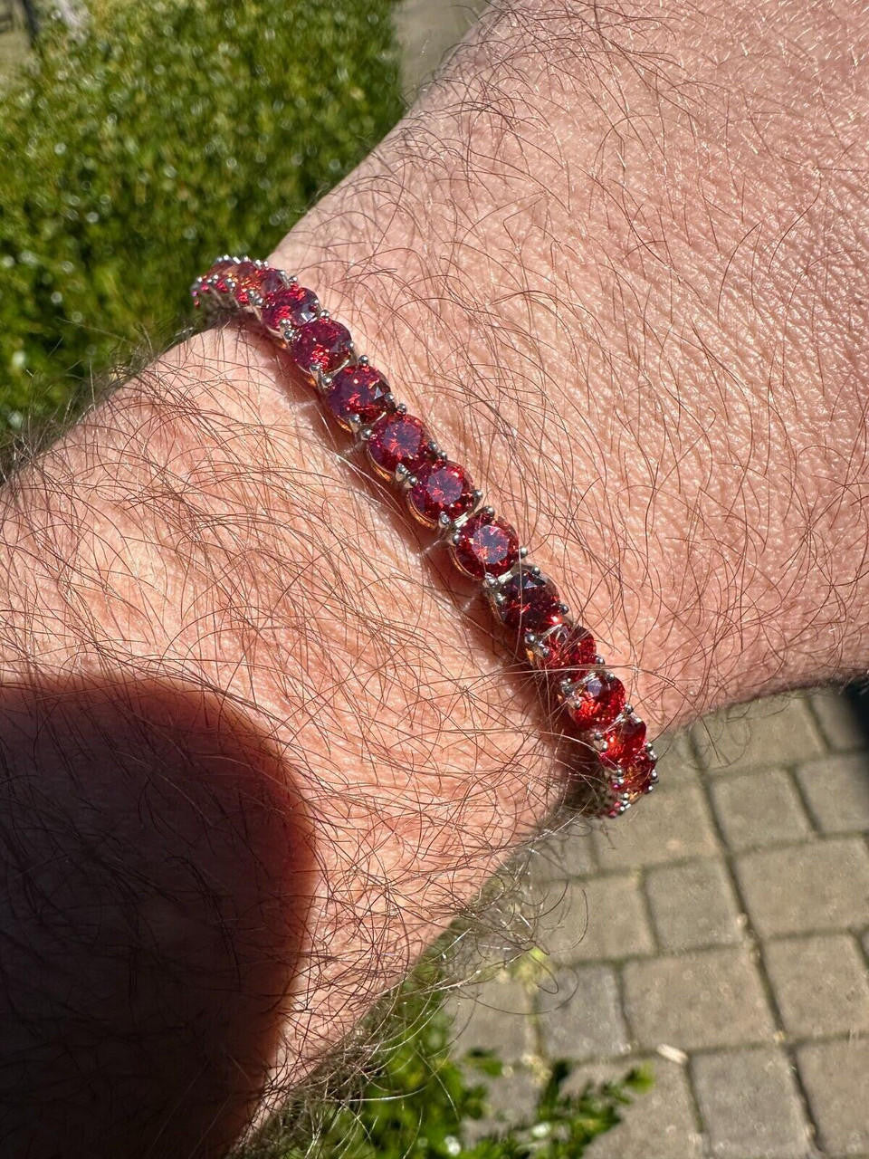 Real Iced Ruby Red MOISSANITE 5mm Tennis Bracelet 925 Silver Pass Diamond Test