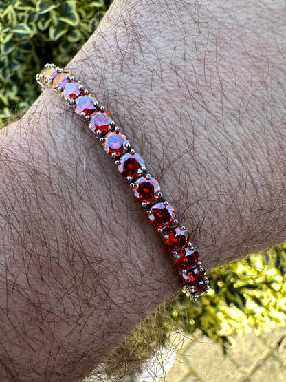Real Iced Ruby Red MOISSANITE 5mm Tennis Bracelet 925 Silver Pass Diamond Test
