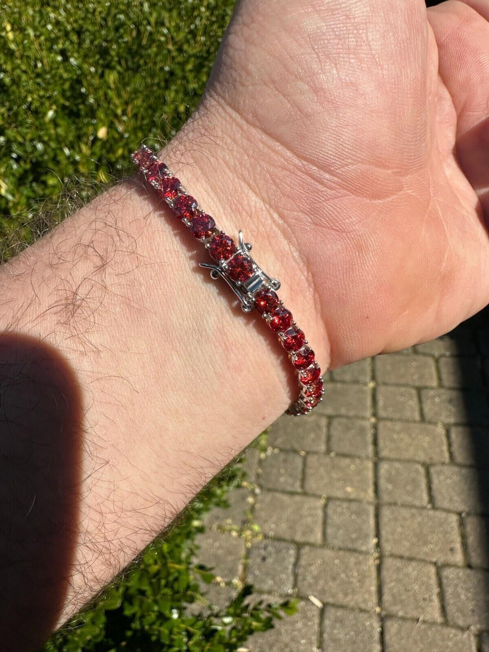 Real Iced Ruby Red MOISSANITE 5mm Tennis Bracelet 925 Silver Pass Diamond Test