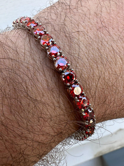 Real Iced Ruby Red MOISSANITE 5mm Tennis Bracelet 925 Silver Pass Diamond Test
