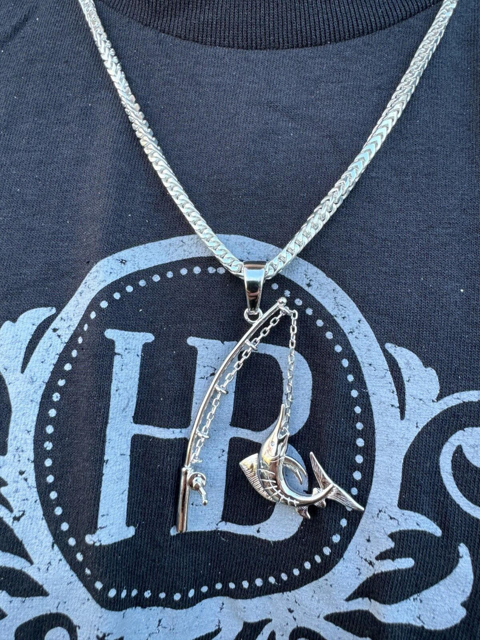 Real Large Mens 925 Silver / Gold Fishing Pendant Rod & Marlin Fish Necklace