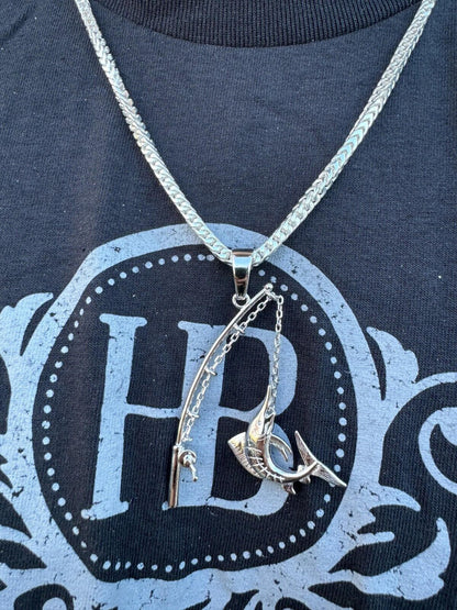 Real Large Mens 925 Silver / Gold Fishing Pendant Rod & Marlin Fish Necklace