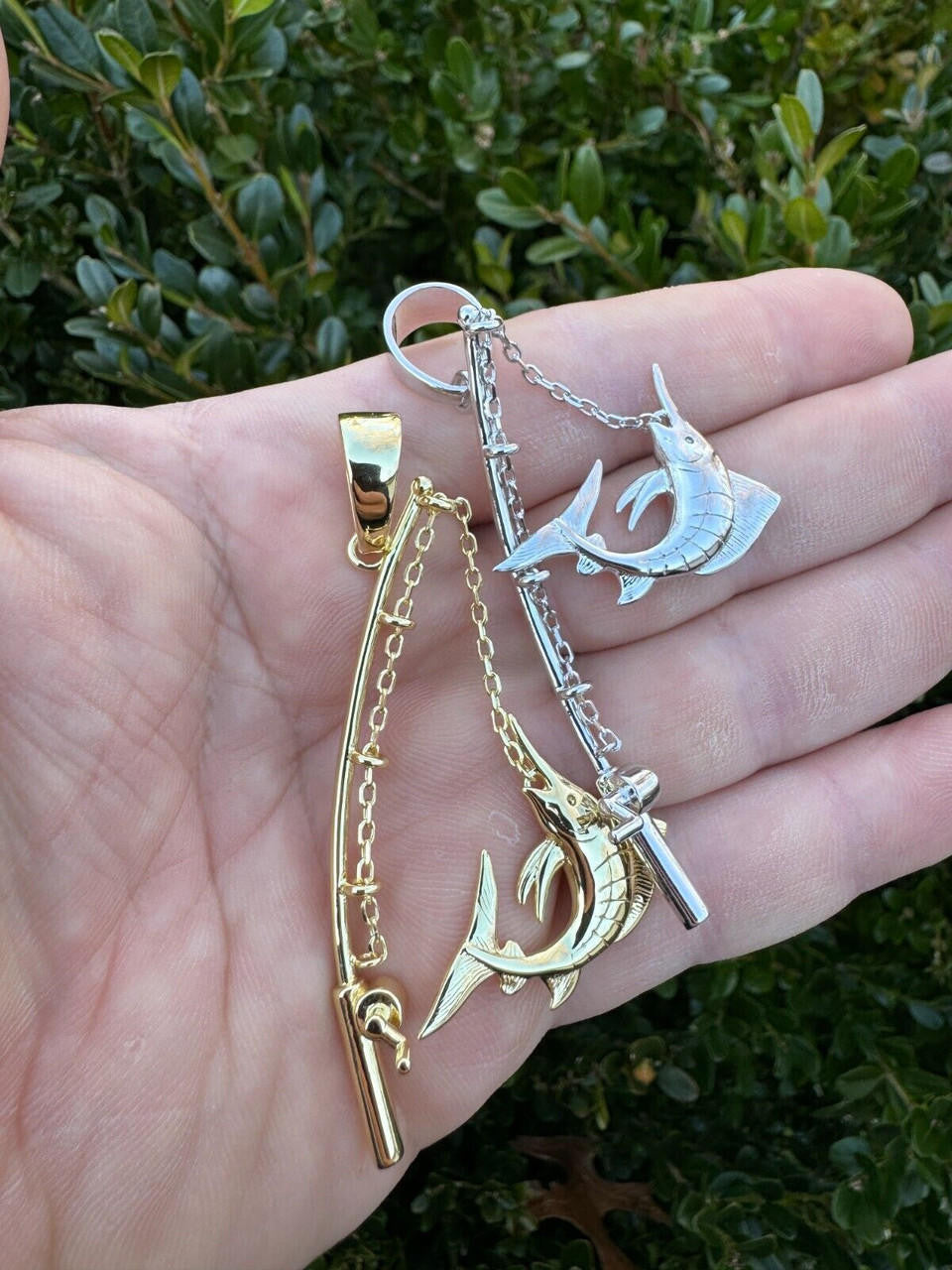 Real Large Mens 925 Silver / Gold Fishing Pendant Rod & Marlin Fish Necklace