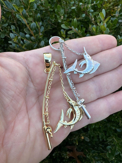 Real Large Mens 925 Silver / Gold Fishing Pendant Rod & Marlin Fish Necklace