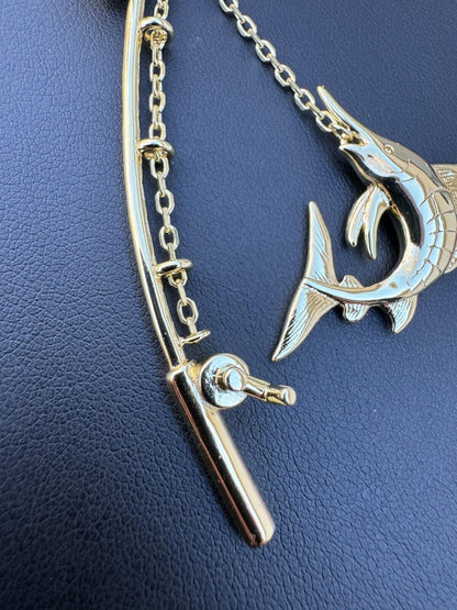 Real Large Mens 925 Silver / Gold Fishing Pendant Rod & Marlin Fish Necklace