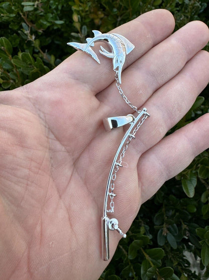 Real Large Mens 925 Silver / Gold Fishing Pendant Rod & Marlin Fish Necklace