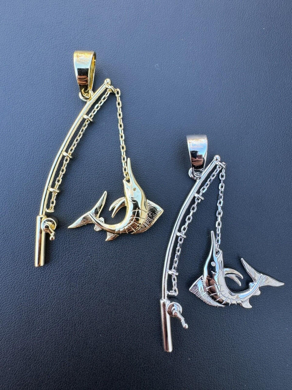 Real Large Mens 925 Silver / Gold Fishing Pendant Rod & Marlin Fish Necklace