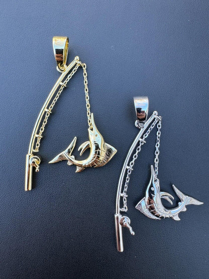 Real Large Mens 925 Silver / Gold Fishing Pendant Rod & Marlin Fish Necklace