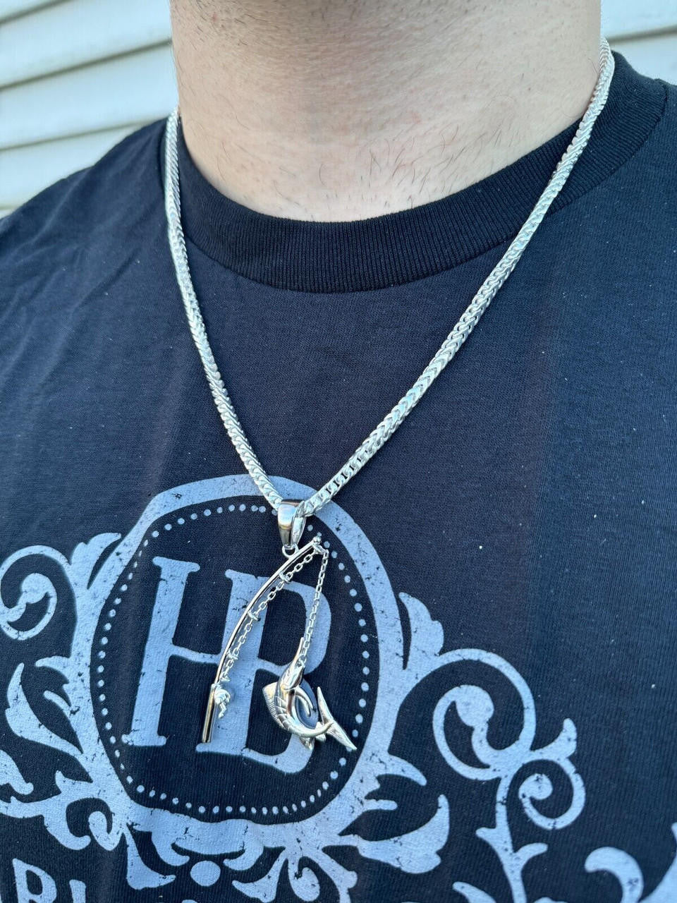 Real Large Mens 925 Silver / Gold Fishing Pendant Rod & Marlin Fish Necklace