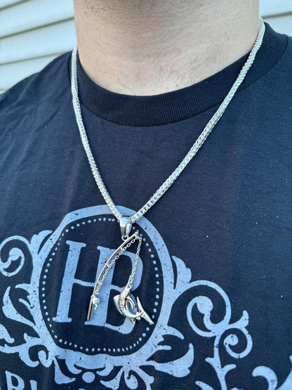 Real Large Mens 925 Silver / Gold Fishing Pendant Rod & Marlin Fish Necklace