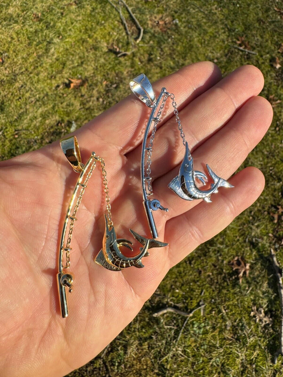 Real Large Mens 925 Silver / Gold Fishing Pendant Rod & Marlin Fish Necklace