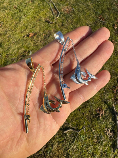 Real Large Mens 925 Silver / Gold Fishing Pendant Rod & Marlin Fish Necklace