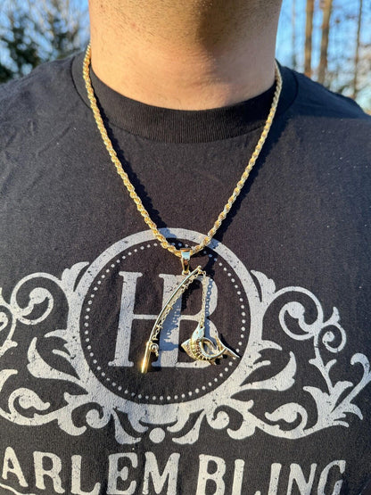 Real Large Mens 925 Silver / Gold Fishing Pendant Rod & Marlin Fish Necklace