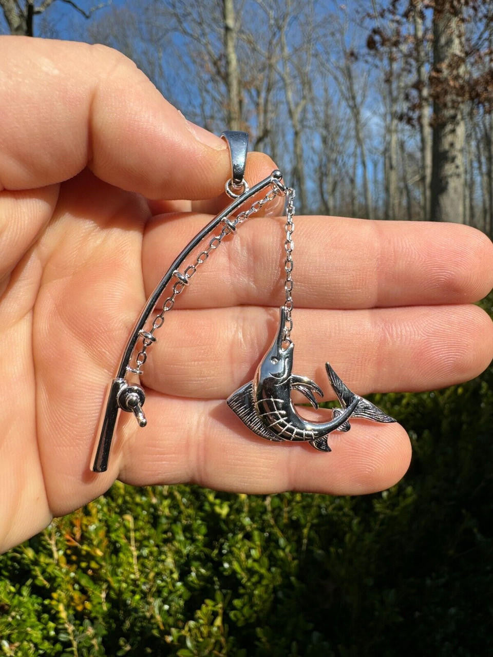 Real Large Mens 925 Silver / Gold Fishing Pendant Rod & Marlin Fish Necklace