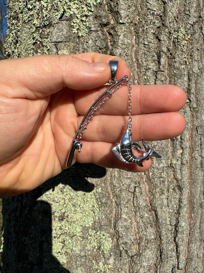 Real Large Mens 925 Silver / Gold Fishing Pendant Rod & Marlin Fish Necklace