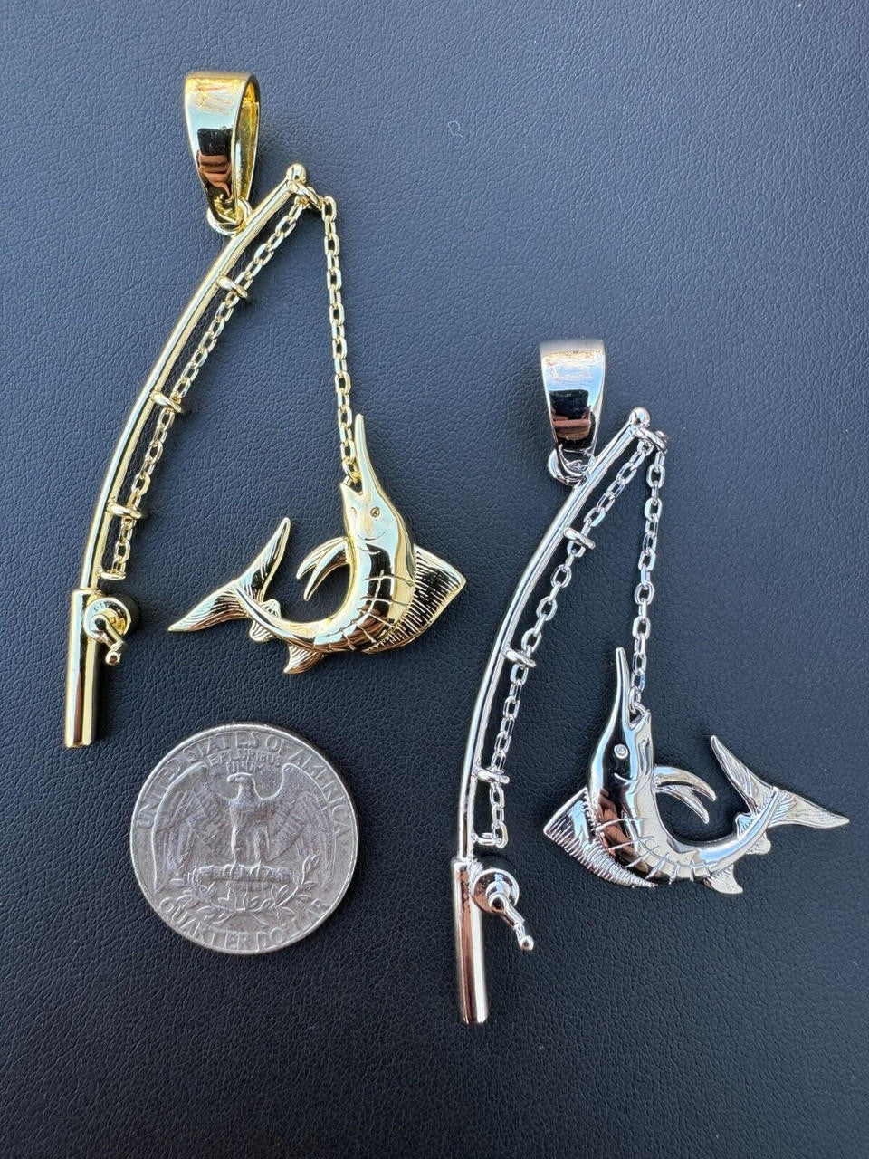 Real Large Mens 925 Silver / Gold Fishing Pendant Rod & Marlin Fish Necklace