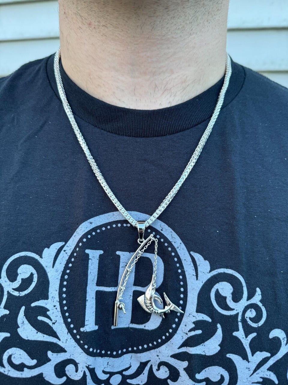 Real Large Mens 925 Silver / Gold Fishing Pendant Rod & Marlin Fish Necklace