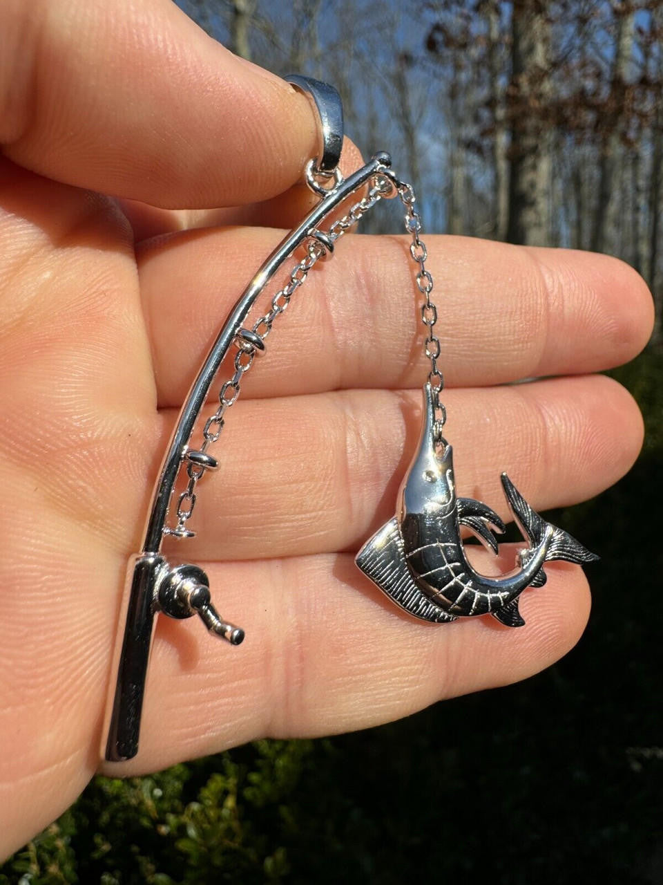 Real Large Mens 925 Silver / Gold Fishing Pendant Rod & Marlin Fish Necklace