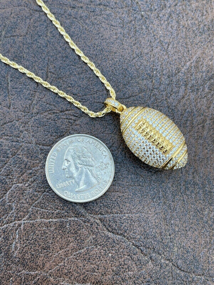Real Mens Football Pendant Solid 925 Sterling Silver Gold Necklace Iced Hip Hop