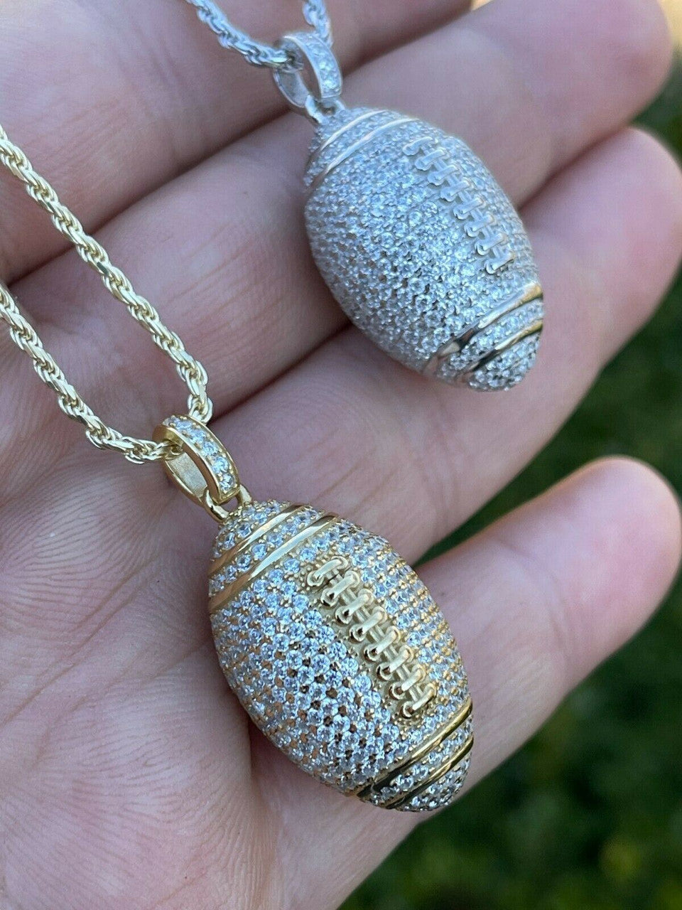 Real Mens Football Pendant Solid 925 Sterling Silver Gold Necklace Iced Hip Hop