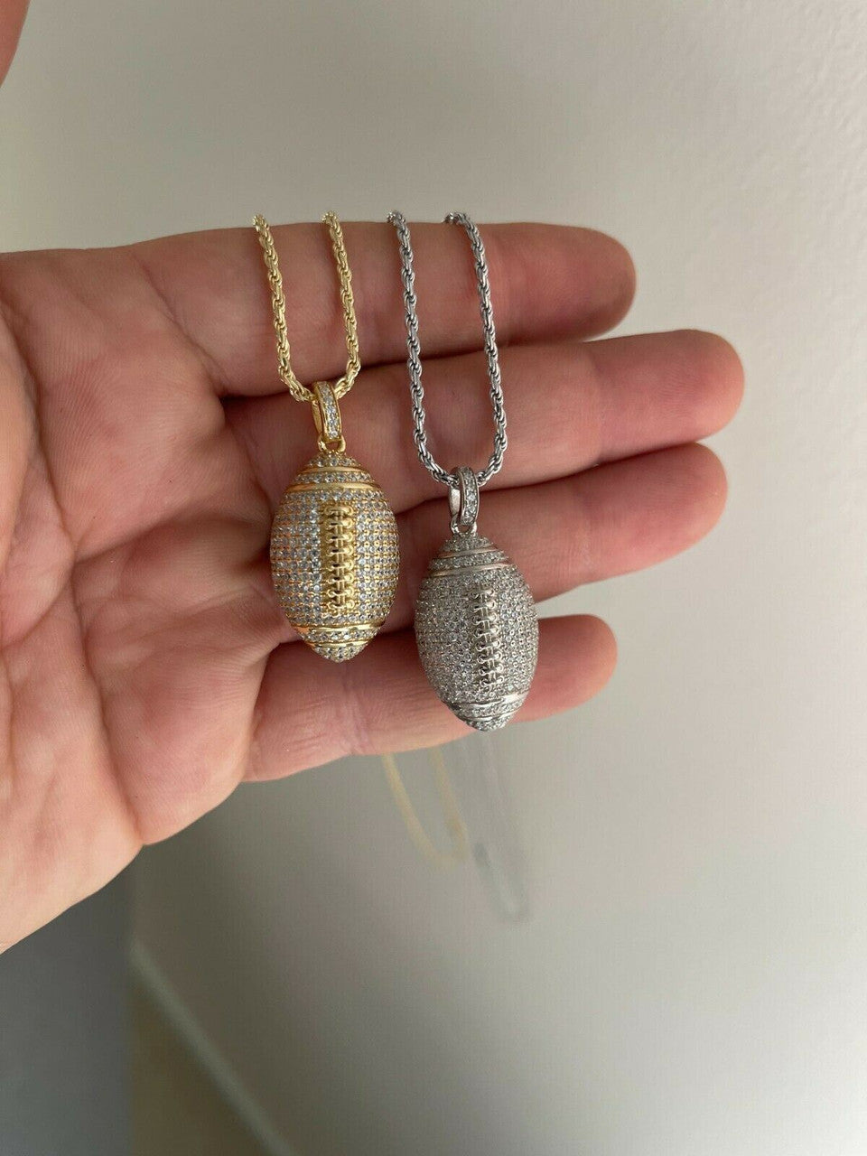 Real Mens Football Pendant Solid 925 Sterling Silver Gold Necklace Iced Hip Hop