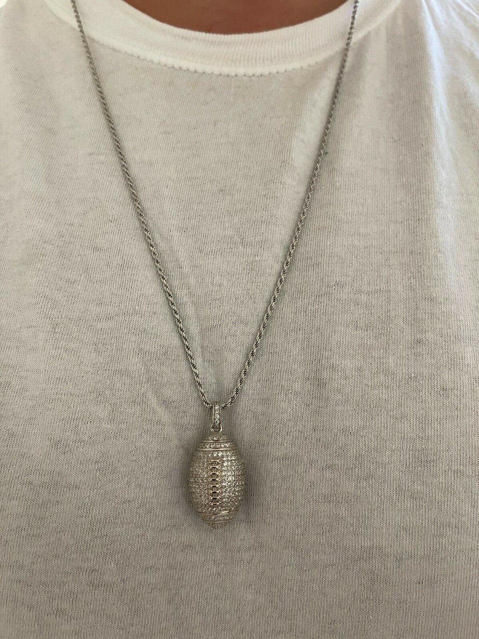 Real Mens Football Pendant Solid 925 Sterling Silver Gold Necklace Iced Hip Hop