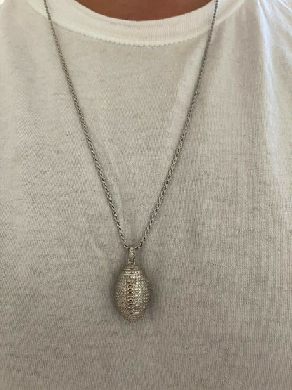 Real Mens Football Pendant Solid 925 Sterling Silver Gold Necklace Iced Hip Hop