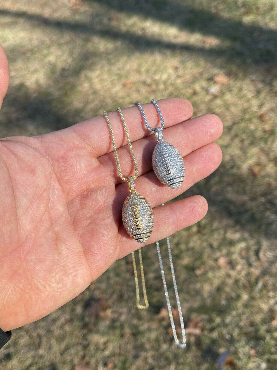 Real Mens Football Pendant Solid 925 Sterling Silver Gold Necklace Iced Hip Hop