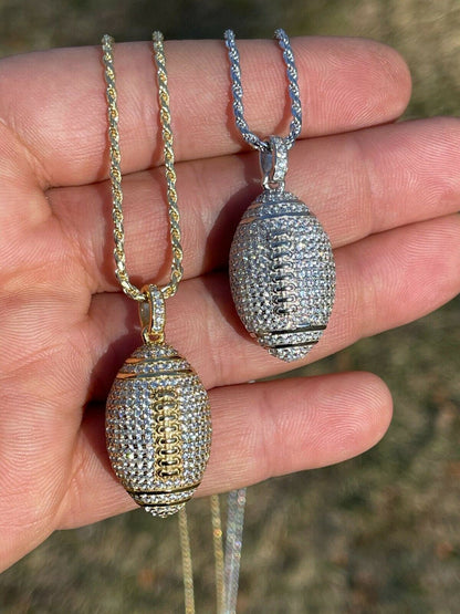 Real Mens Football Pendant Solid 925 Sterling Silver Gold Necklace Iced Hip Hop