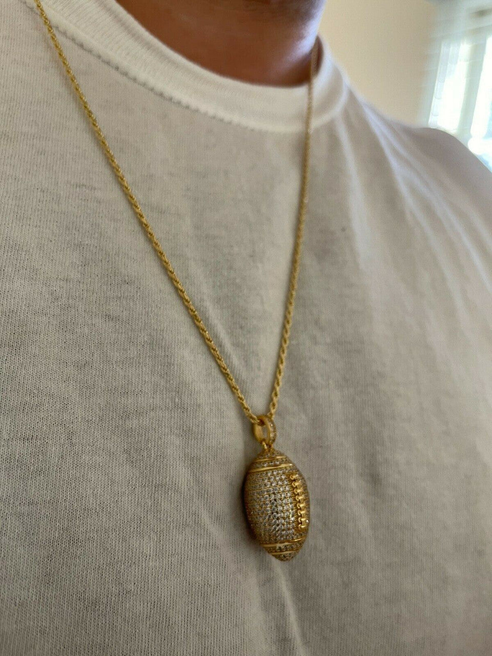 Real Mens Football Pendant Solid 925 Sterling Silver Gold Necklace Iced Hip Hop