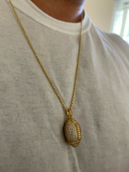 Real Mens Football Pendant Solid 925 Sterling Silver Gold Necklace Iced Hip Hop