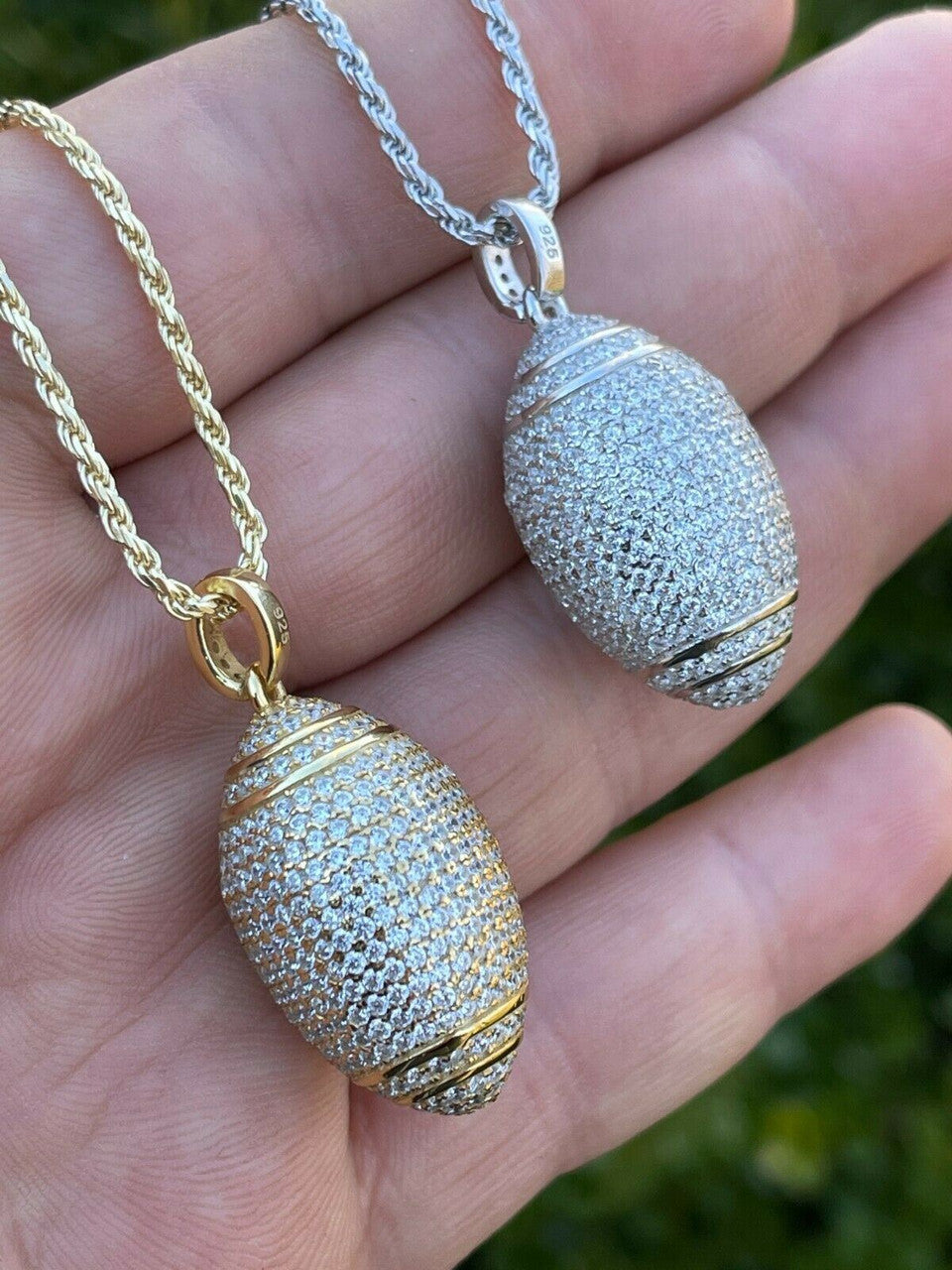 Real Mens Football Pendant Solid 925 Sterling Silver Gold Necklace Iced Hip Hop