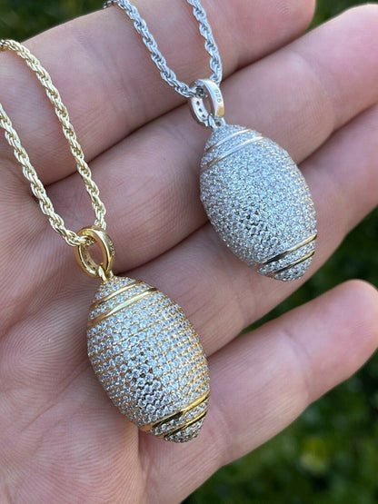 Real Mens Football Pendant Solid 925 Sterling Silver Gold Necklace Iced Hip Hop