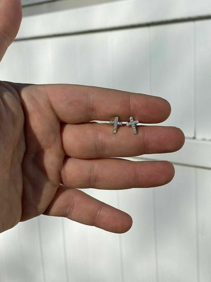 Real MOISSANITE 925 Silver Small Cross Earrings Studs Iced Pass Diamond Tester
