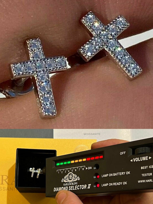 Real MOISSANITE 925 Silver Small Cross Earrings Studs Iced Pass Diamond Tester