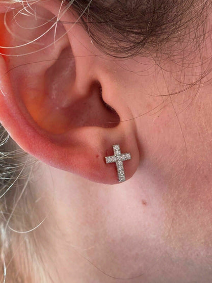 Real MOISSANITE 925 Silver Small Cross Earrings Studs Iced Pass Diamond Tester