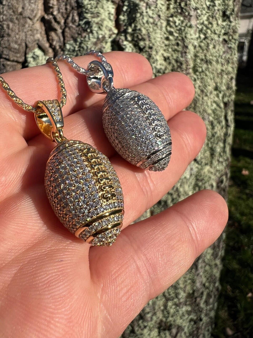 Real Moissanite Iced 3D Football Pendant Solid 925 Sterling Silver / Gold Plated