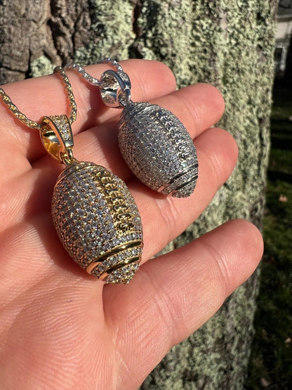 Real Moissanite Iced 3D Football Pendant Solid 925 Sterling Silver / Gold Plated