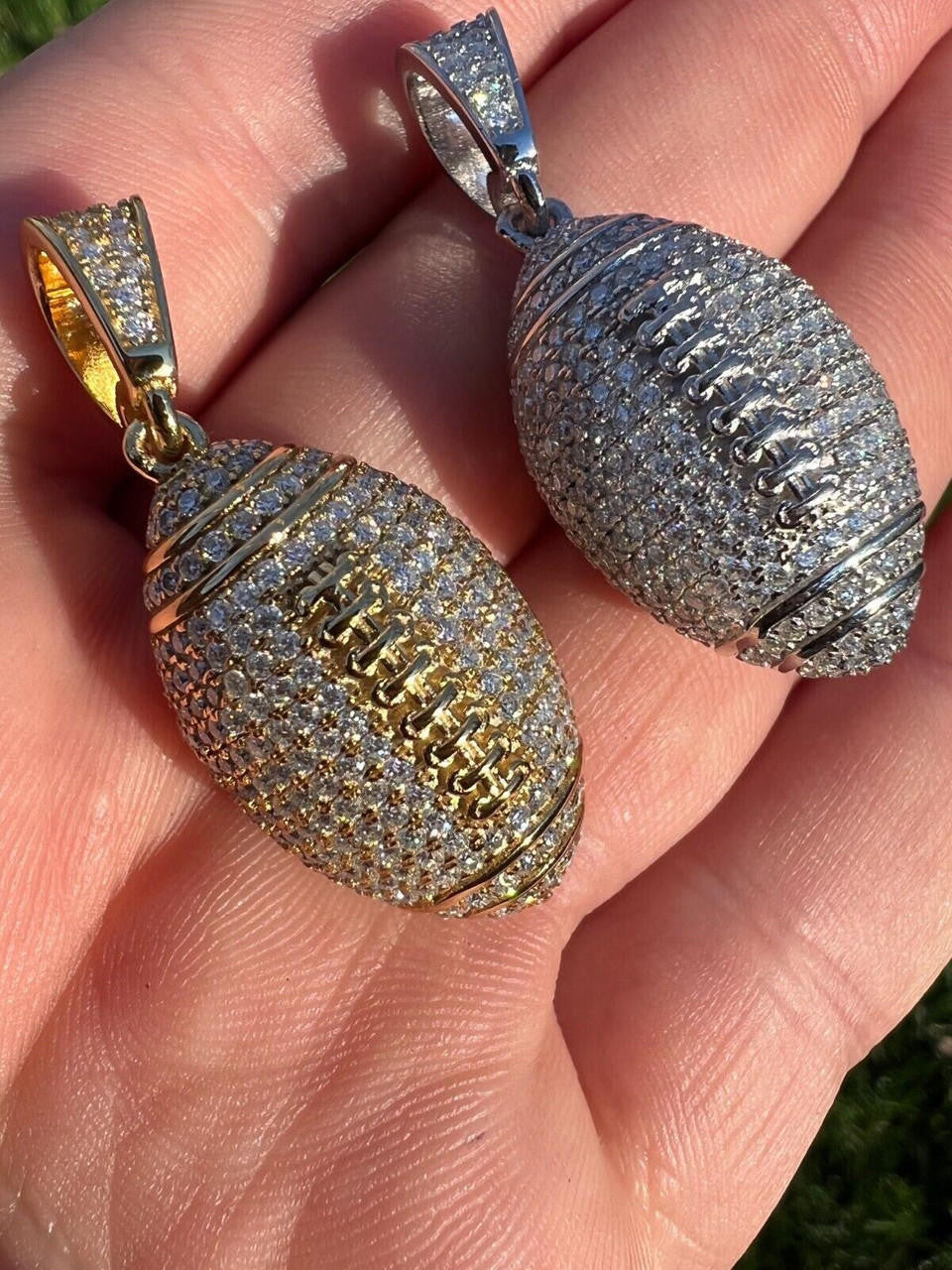 Real Moissanite Iced 3D Football Pendant Solid 925 Sterling Silver / Gold Plated