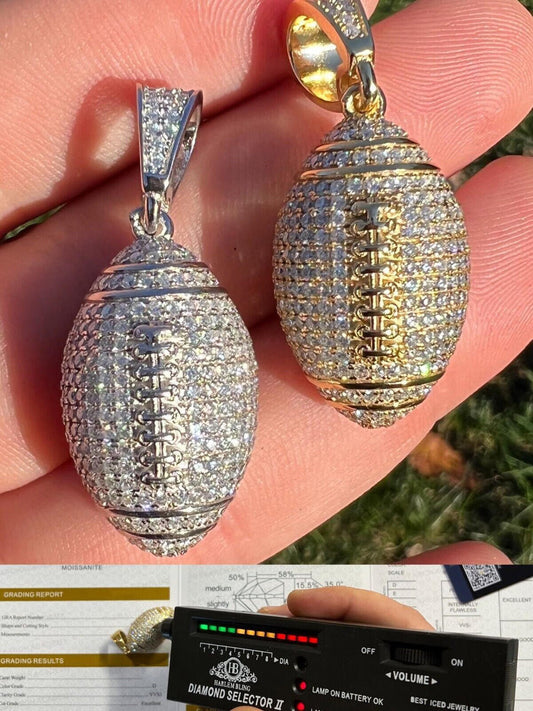 Real Moissanite Iced 3D Football Pendant Solid 925 Sterling Silver / Gold Plated