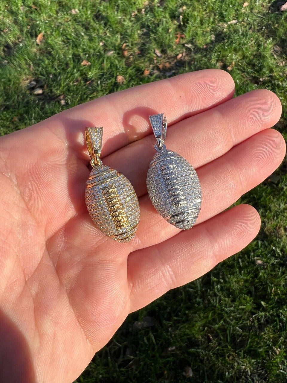 Real Moissanite Iced 3D Football Pendant Solid 925 Sterling Silver / Gold Plated