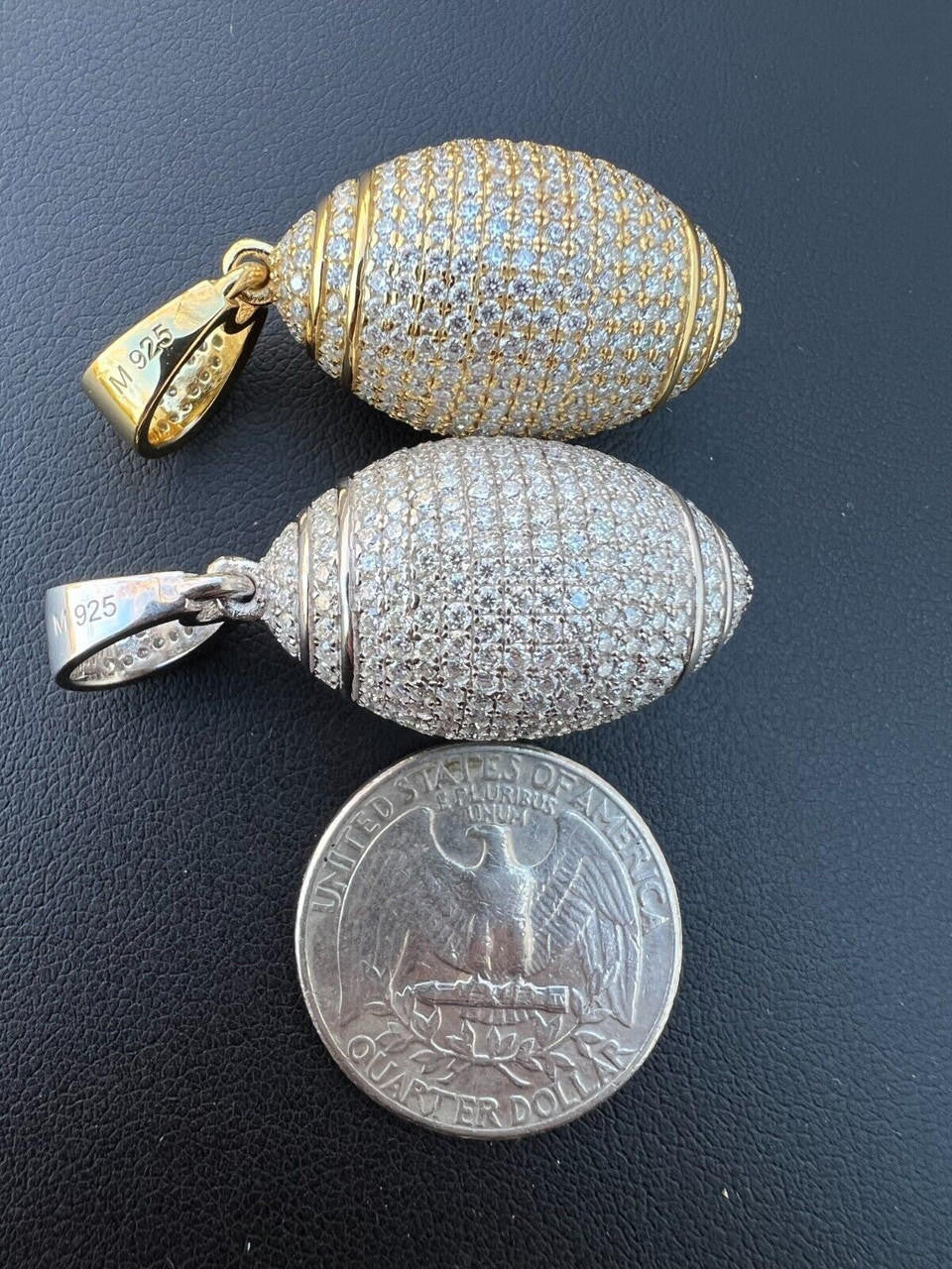 Real Moissanite Iced 3D Football Pendant Solid 925 Sterling Silver / Gold Plated