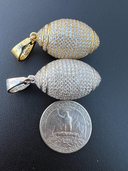 Real Moissanite Iced 3D Football Pendant Solid 925 Sterling Silver / Gold Plated