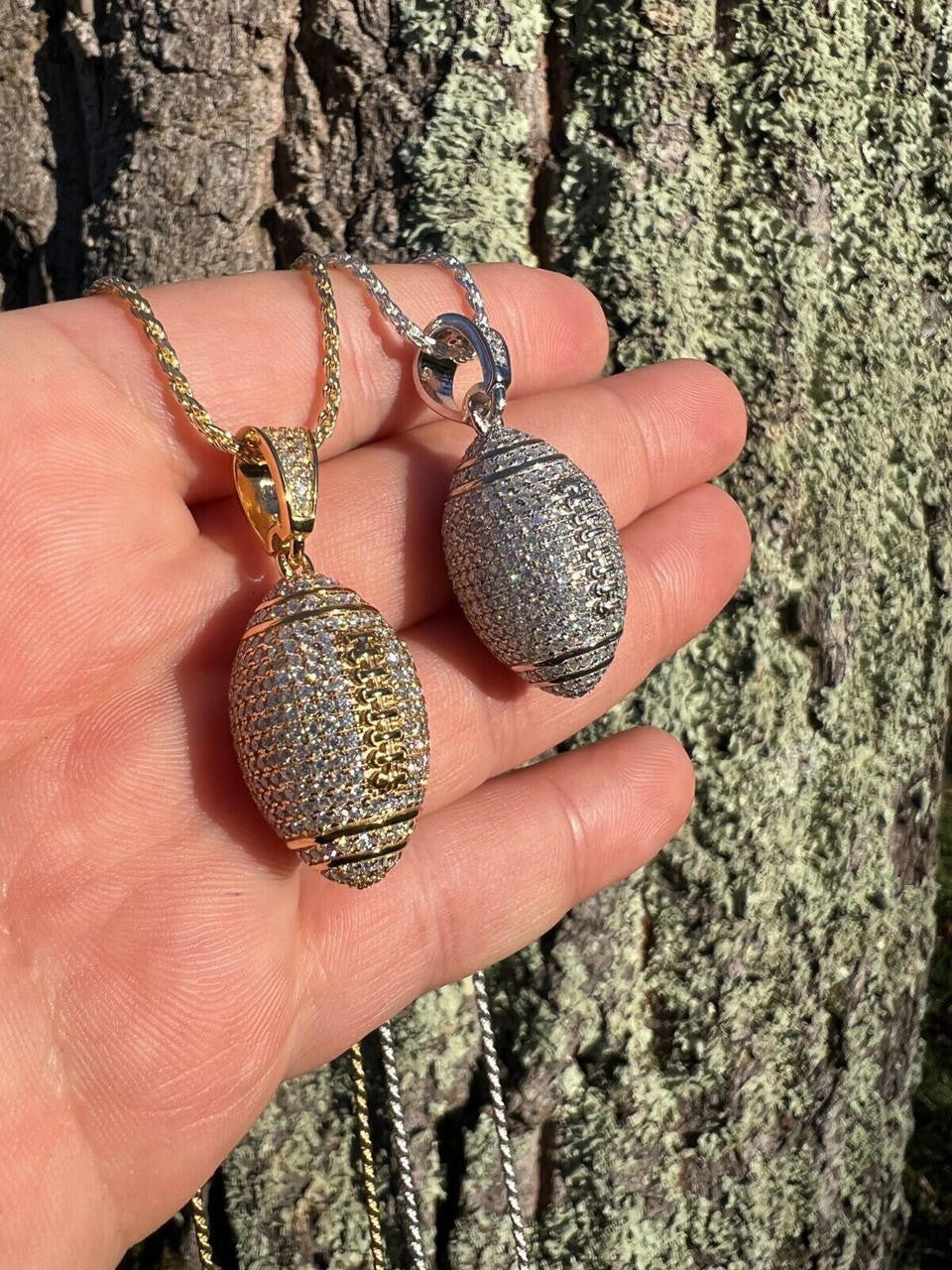 Real Moissanite Iced 3D Football Pendant Solid 925 Sterling Silver / Gold Plated