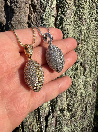 Real Moissanite Iced 3D Football Pendant Solid 925 Sterling Silver / Gold Plated