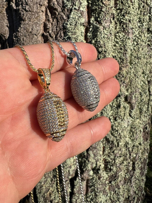 Real Moissanite Iced 3D Football Pendant Solid 925 Sterling Silver / Gold Plated