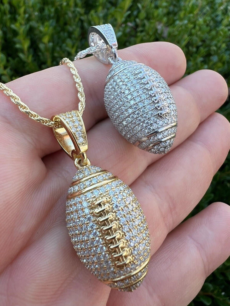 Real Moissanite Iced 3D Football Pendant Solid 925 Sterling Silver / Gold Plated