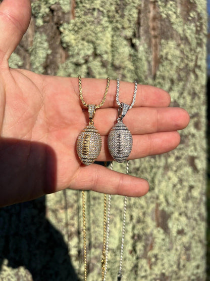 Real Moissanite Iced 3D Football Pendant Solid 925 Sterling Silver / Gold Plated