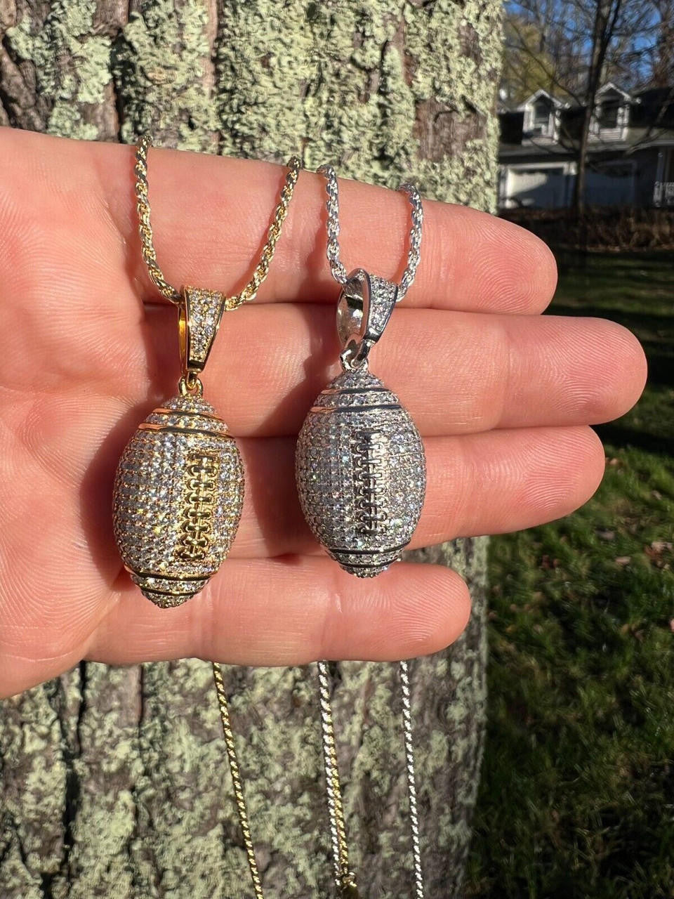 Real Moissanite Iced 3D Football Pendant Solid 925 Sterling Silver / Gold Plated